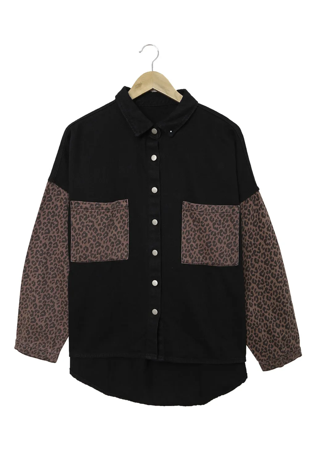 Womens Leopard Contrast Denim Jackets Boyfriend Oversized Blouses Tops