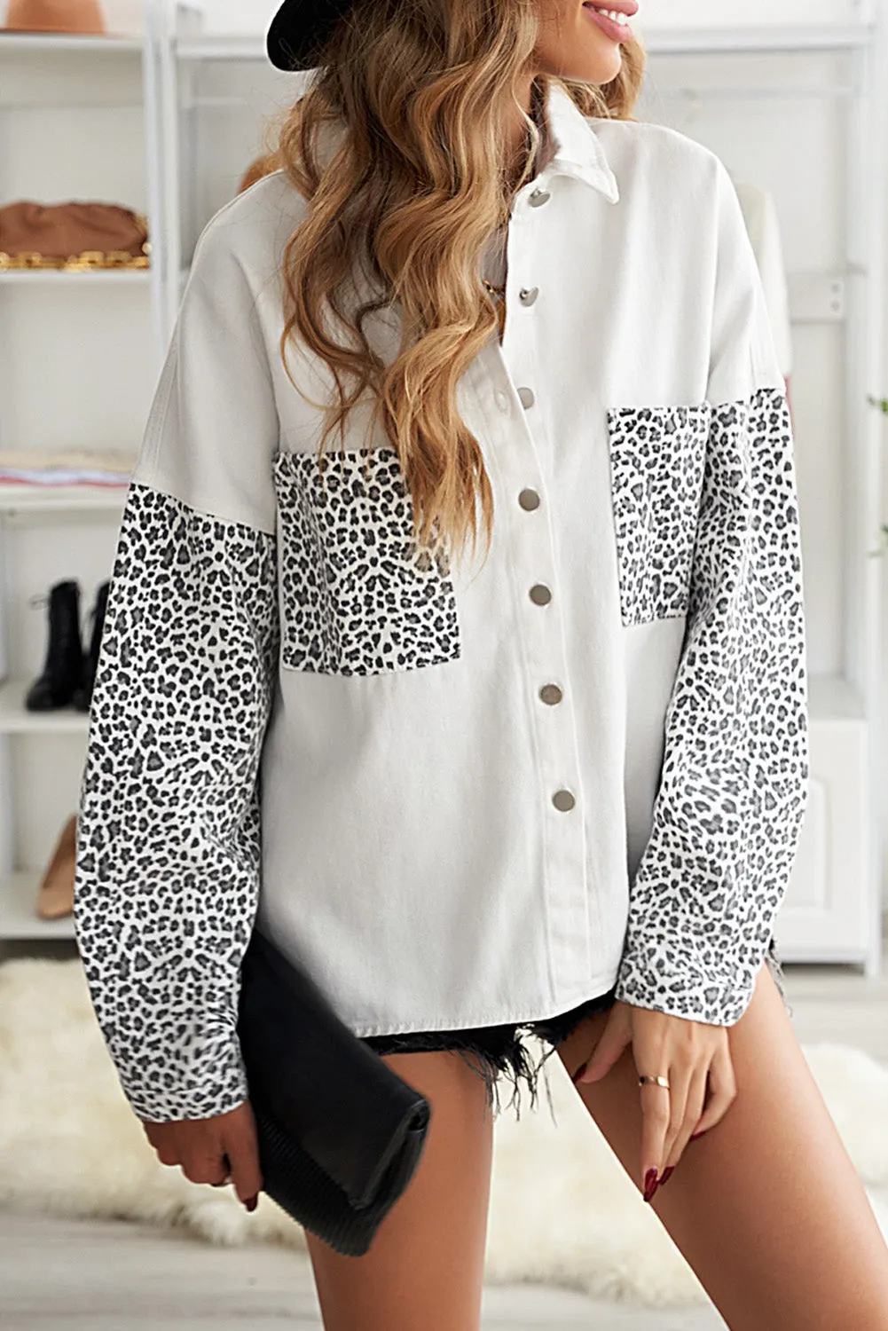 Womens Leopard Contrast Denim Jackets Boyfriend Oversized Blouses Tops