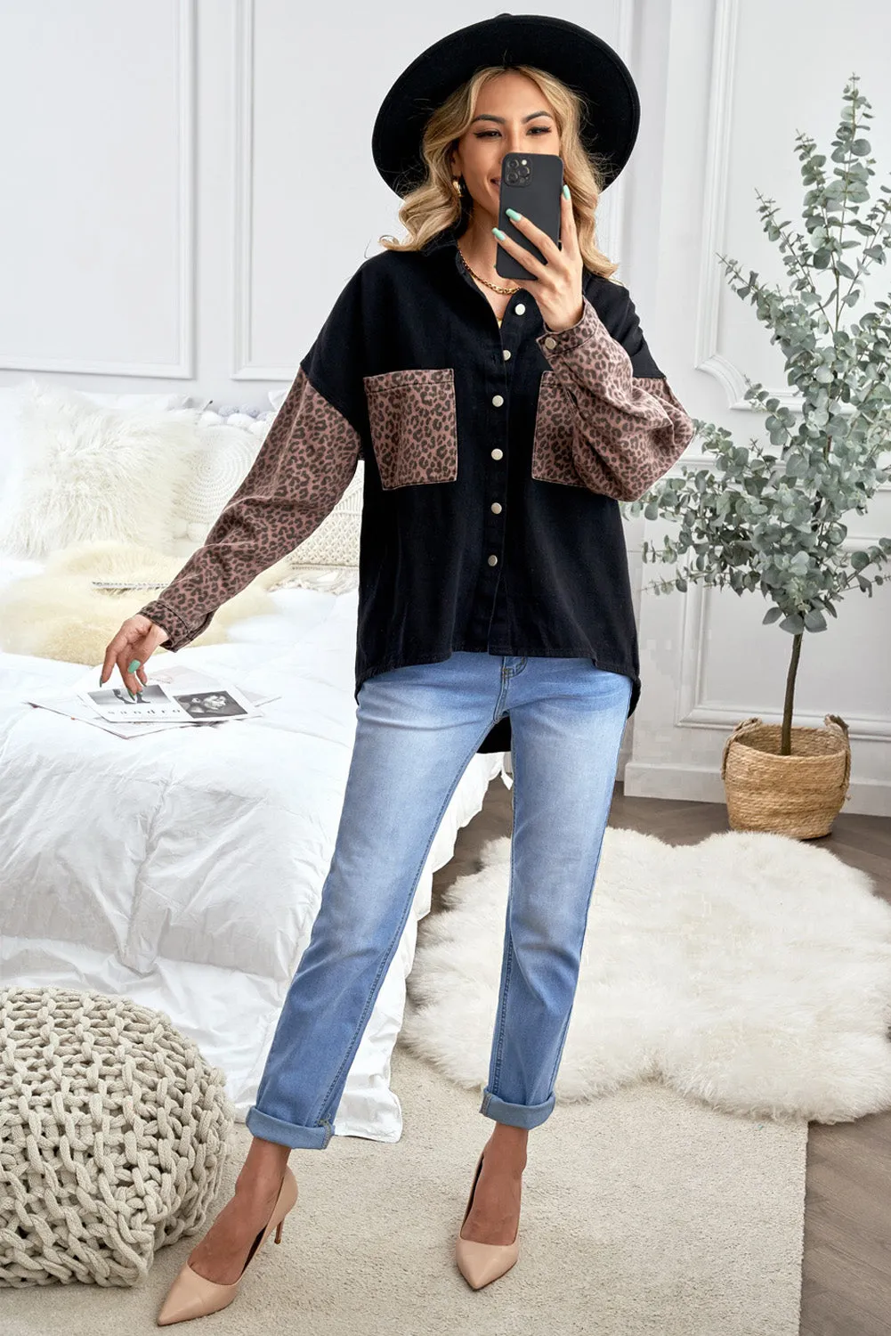 Womens Leopard Contrast Denim Jackets Boyfriend Oversized Blouses Tops