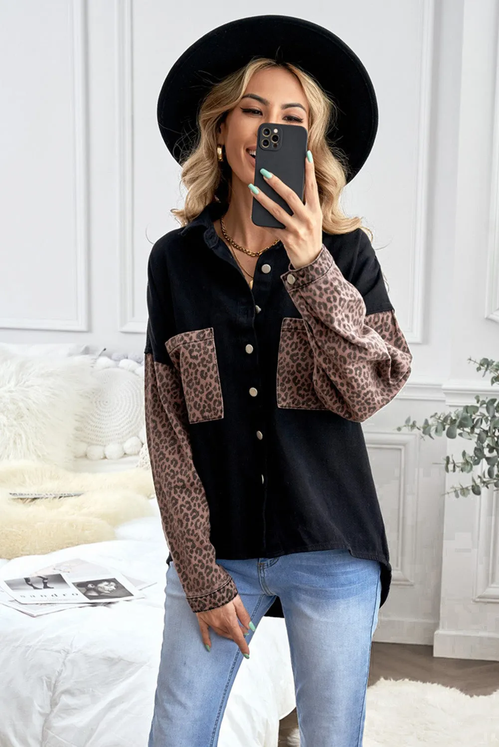 Womens Leopard Contrast Denim Jackets Boyfriend Oversized Blouses Tops