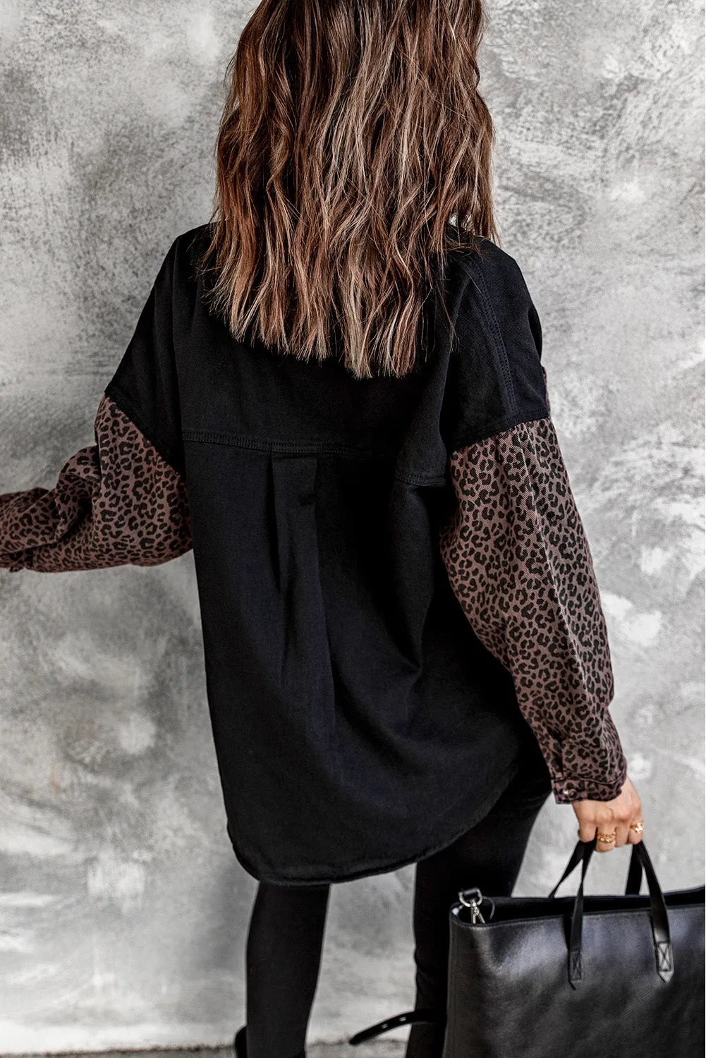 Womens Leopard Contrast Denim Jackets Boyfriend Oversized Blouses Tops