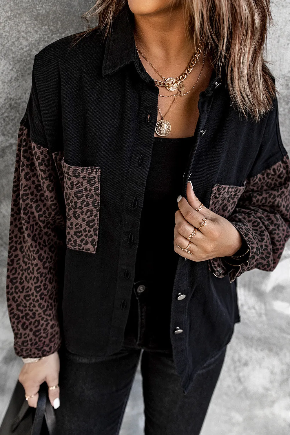 Womens Leopard Contrast Denim Jackets Boyfriend Oversized Blouses Tops