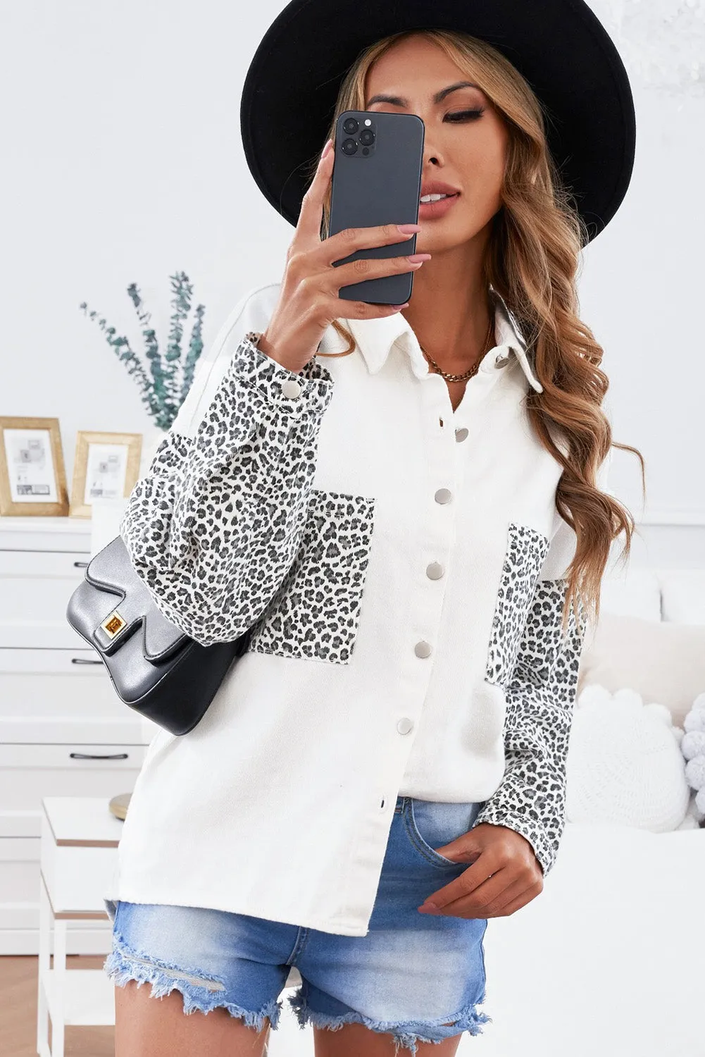 Womens Leopard Contrast Denim Jackets Boyfriend Oversized Blouses Tops