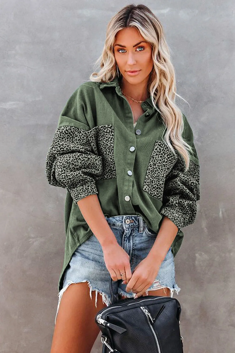 Womens Leopard Contrast Denim Jackets Boyfriend Oversized Blouses Tops