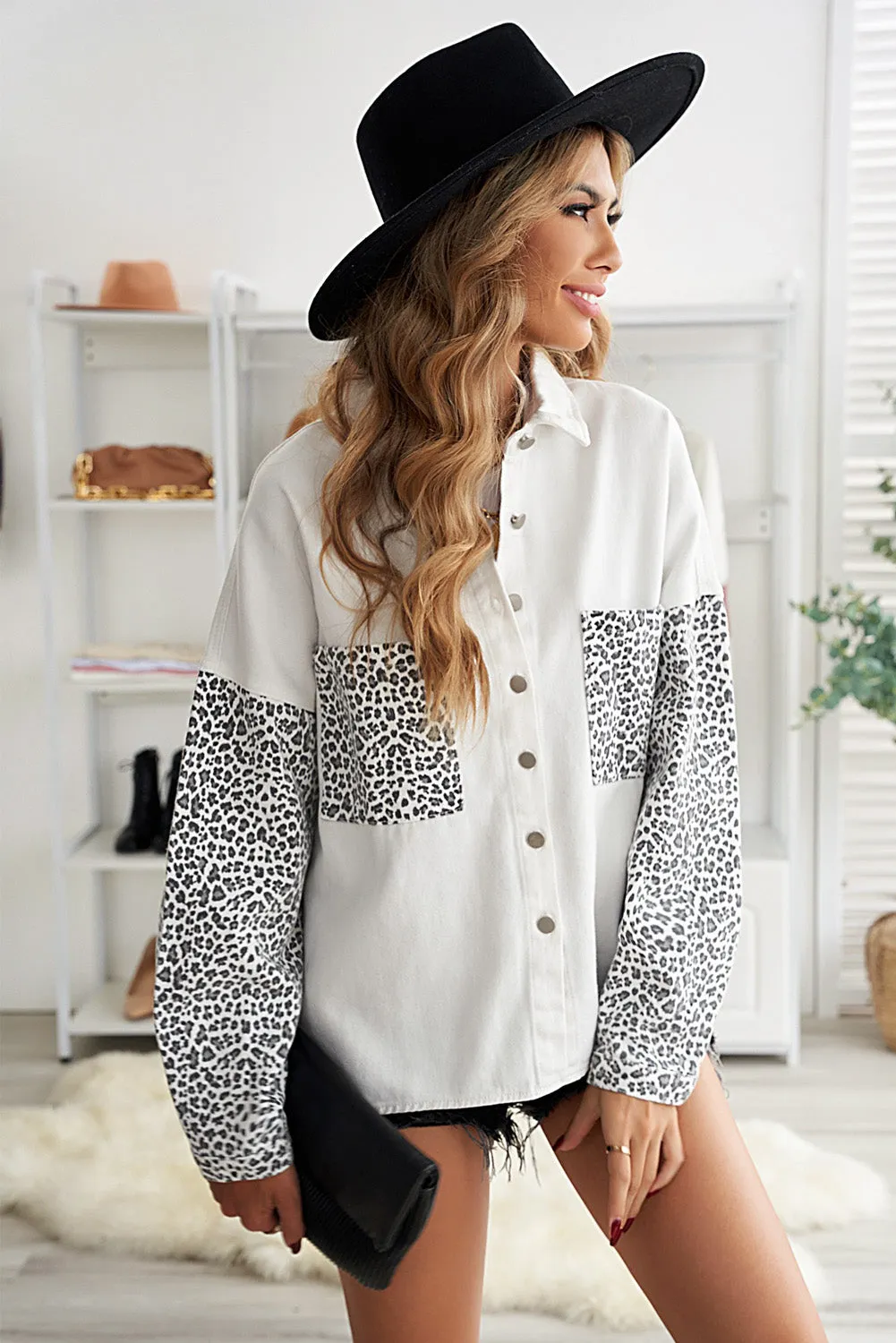 Womens Leopard Contrast Denim Jackets Boyfriend Oversized Blouses Tops