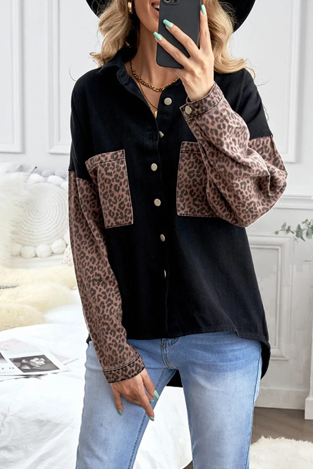 Womens Leopard Contrast Denim Jackets Boyfriend Oversized Blouses Tops