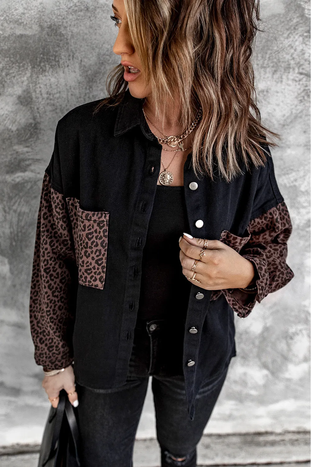 Womens Leopard Contrast Denim Jackets Boyfriend Oversized Blouses Tops