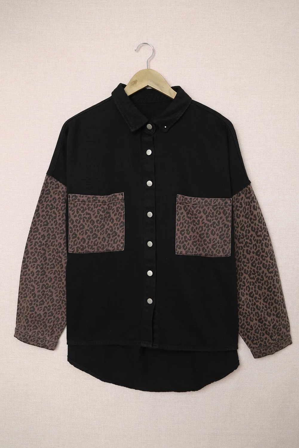 Womens Leopard Contrast Denim Jackets Boyfriend Oversized Blouses Tops