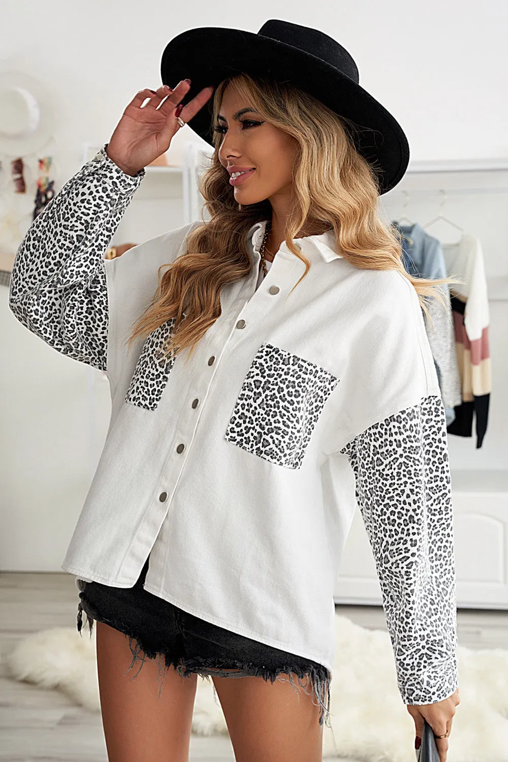 Womens Leopard Contrast Denim Jackets Boyfriend Oversized Blouses Tops