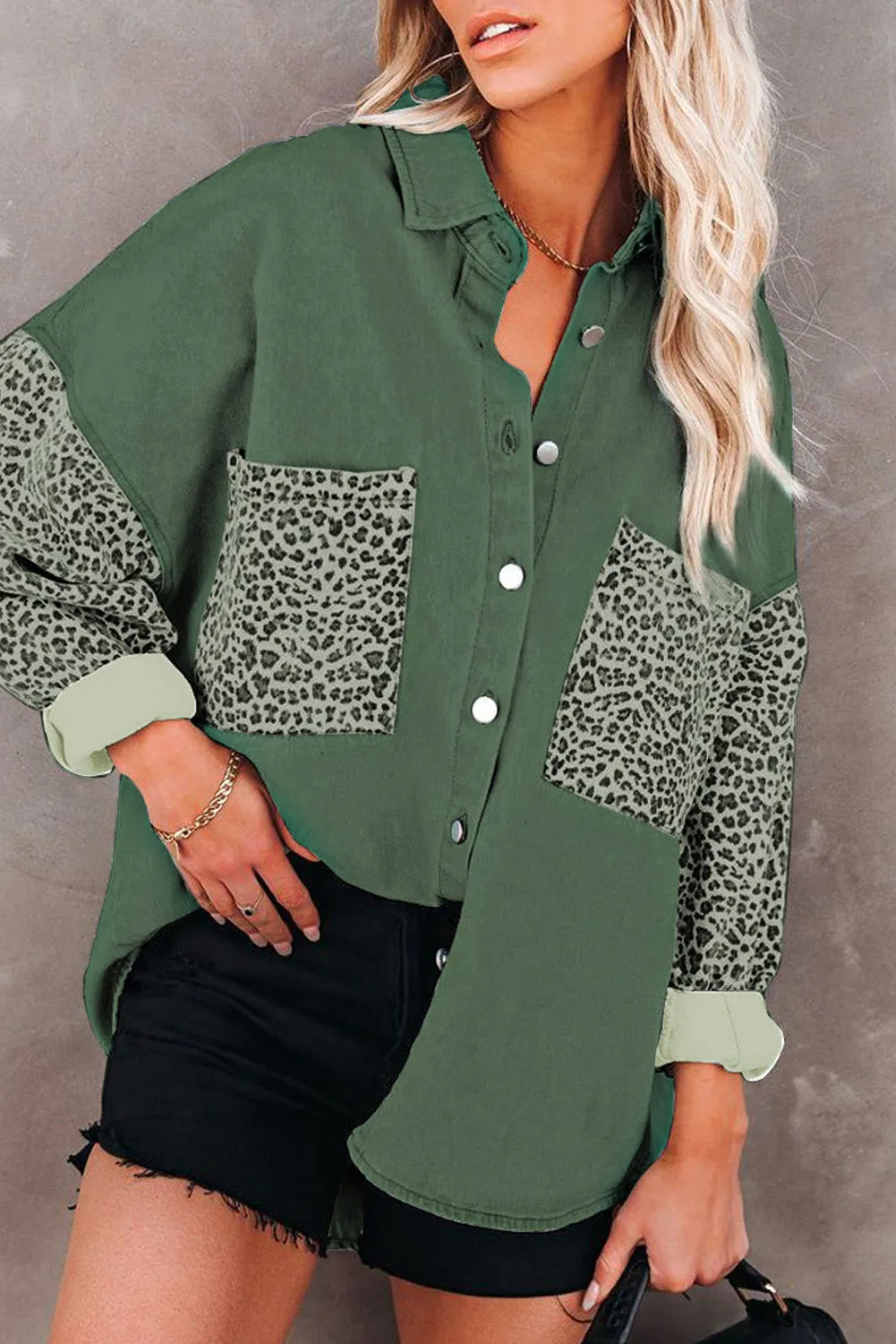 Womens Leopard Contrast Denim Jackets Boyfriend Oversized Blouses Tops