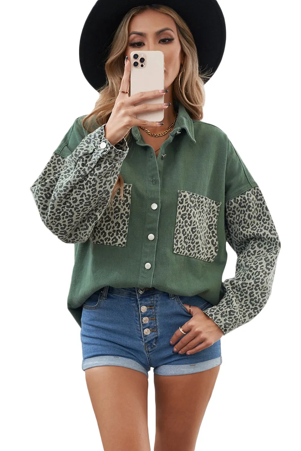 Womens Leopard Contrast Denim Jackets Boyfriend Oversized Blouses Tops