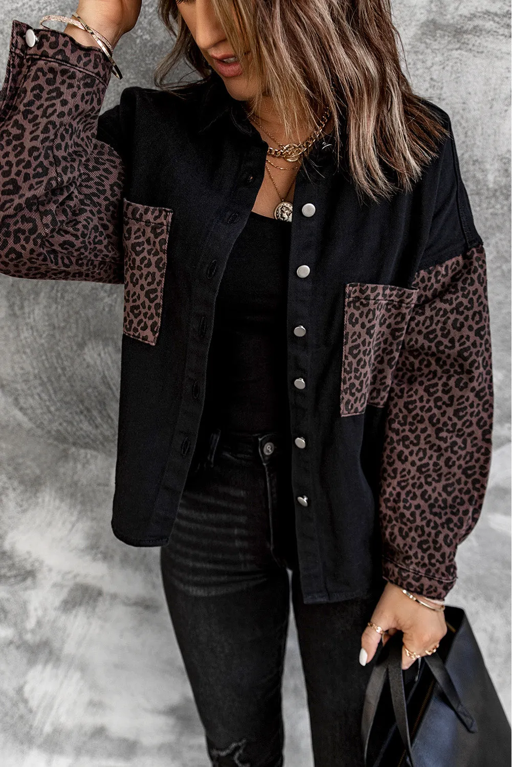 Womens Leopard Contrast Denim Jackets Boyfriend Oversized Blouses Tops