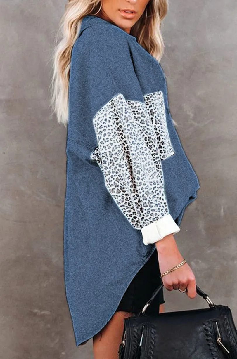 Womens Leopard Contrast Denim Jackets Boyfriend Oversized Blouses Tops