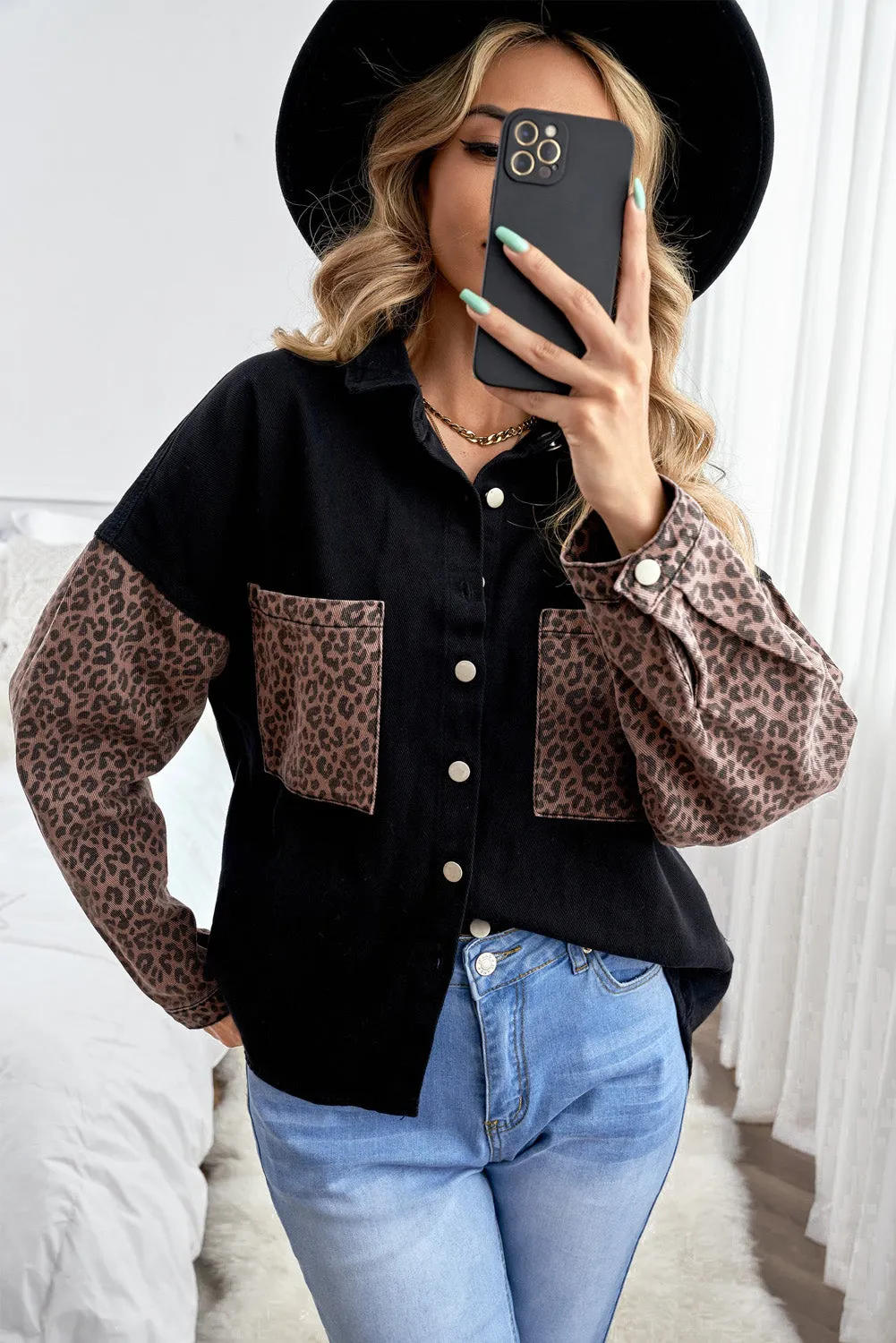 Womens Leopard Contrast Denim Jackets Boyfriend Oversized Blouses Tops