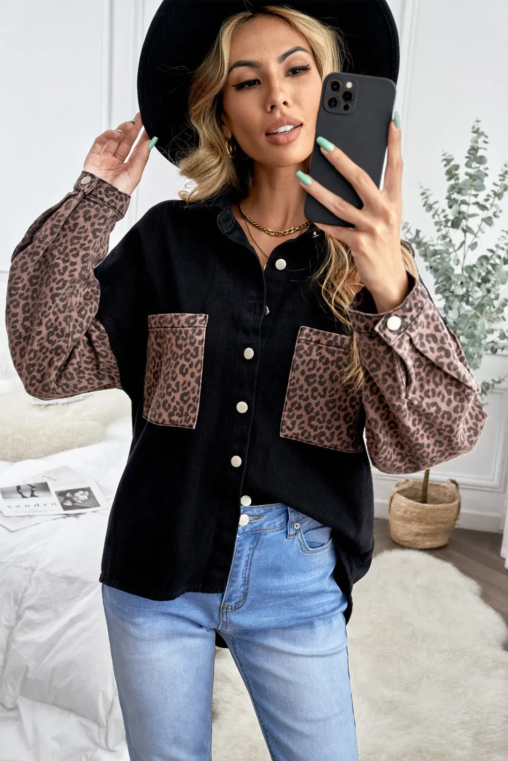 Womens Leopard Contrast Denim Jackets Boyfriend Oversized Blouses Tops