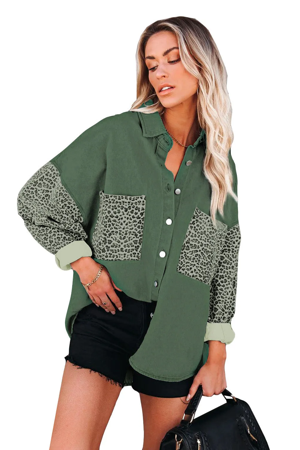 Womens Leopard Contrast Denim Jackets Boyfriend Oversized Blouses Tops