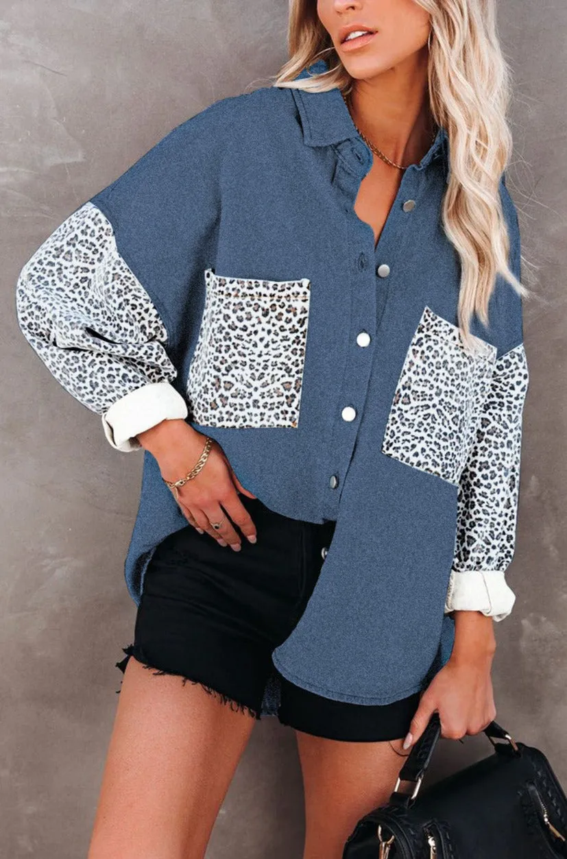 Womens Leopard Contrast Denim Jackets Boyfriend Oversized Blouses Tops