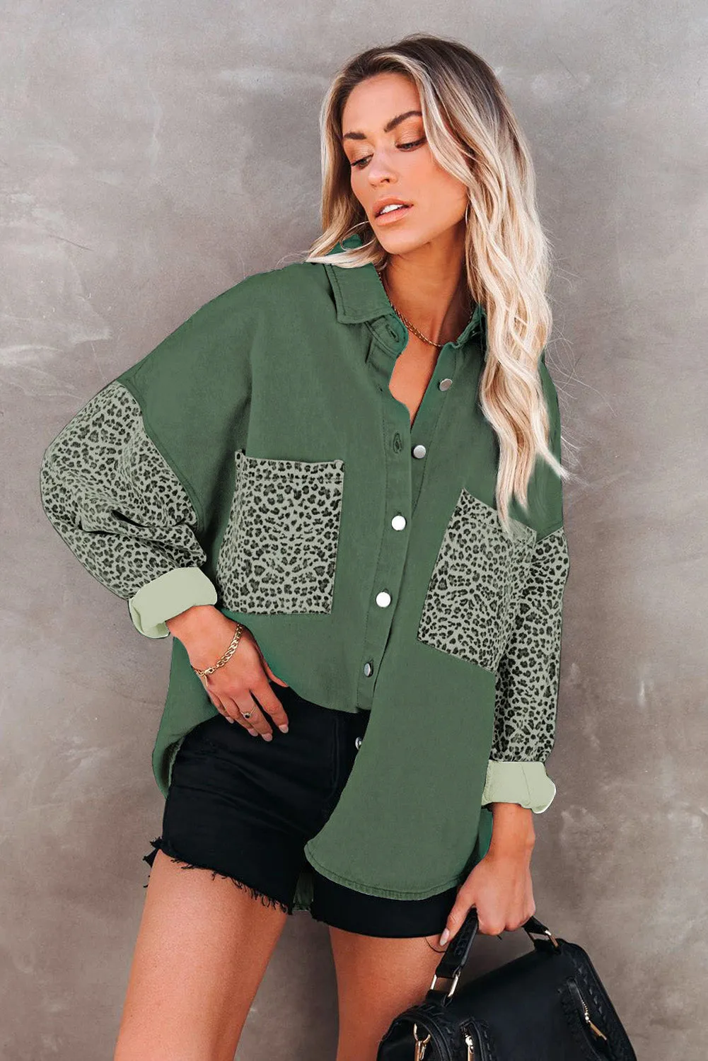 Womens Leopard Contrast Denim Jackets Boyfriend Oversized Blouses Tops