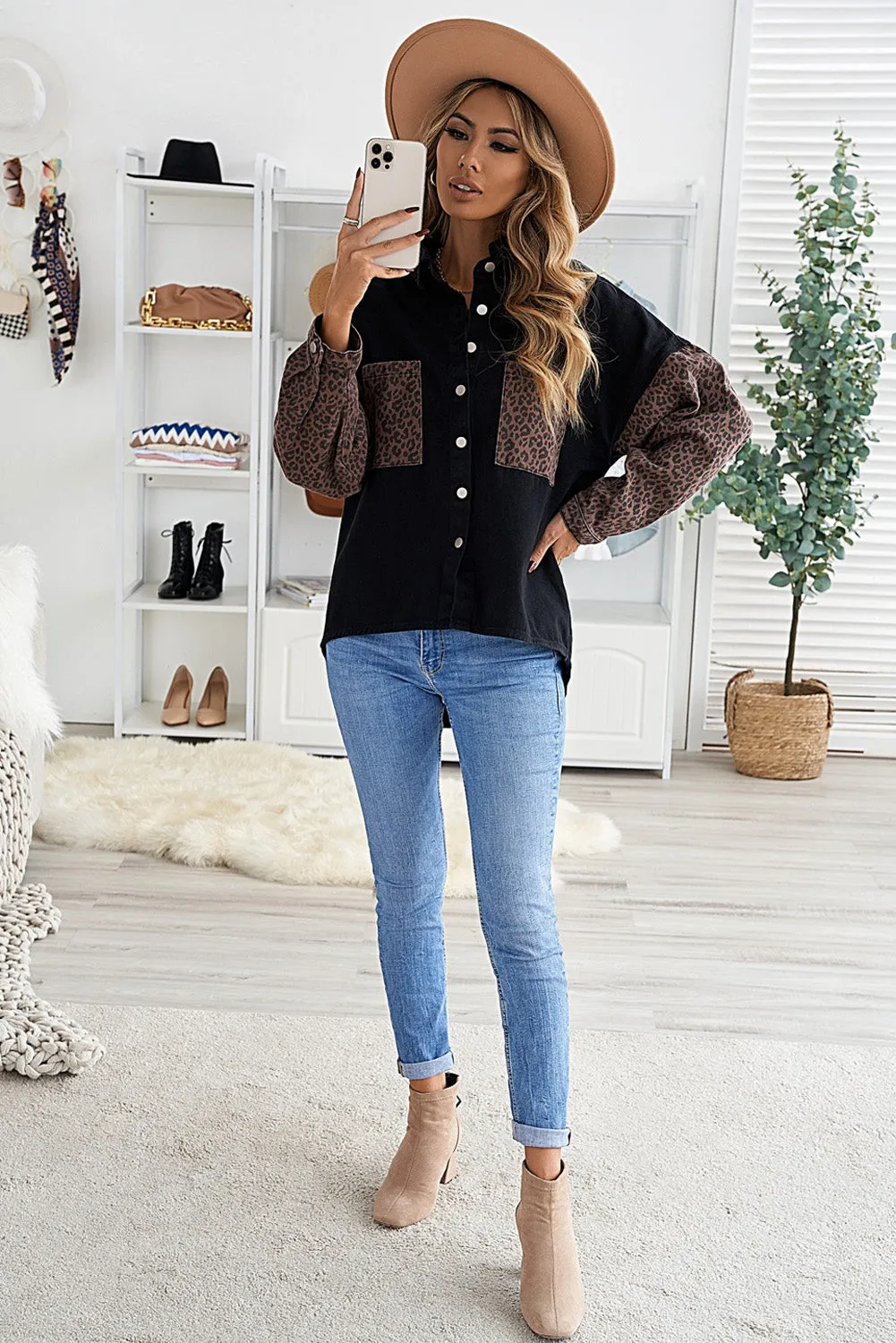 Womens Leopard Contrast Denim Jackets Boyfriend Oversized Blouses Tops