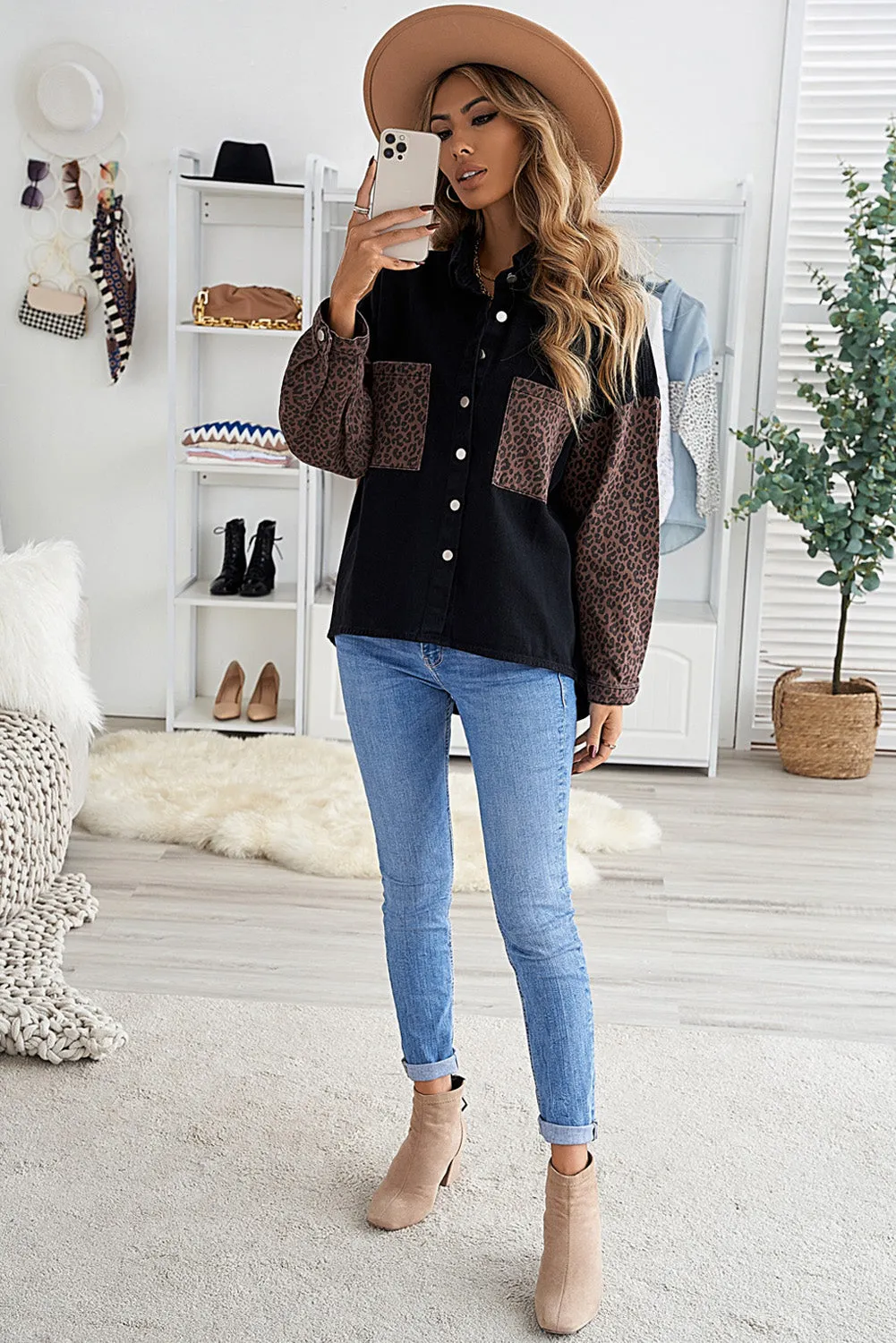 Womens Leopard Contrast Denim Jackets Boyfriend Oversized Blouses Tops