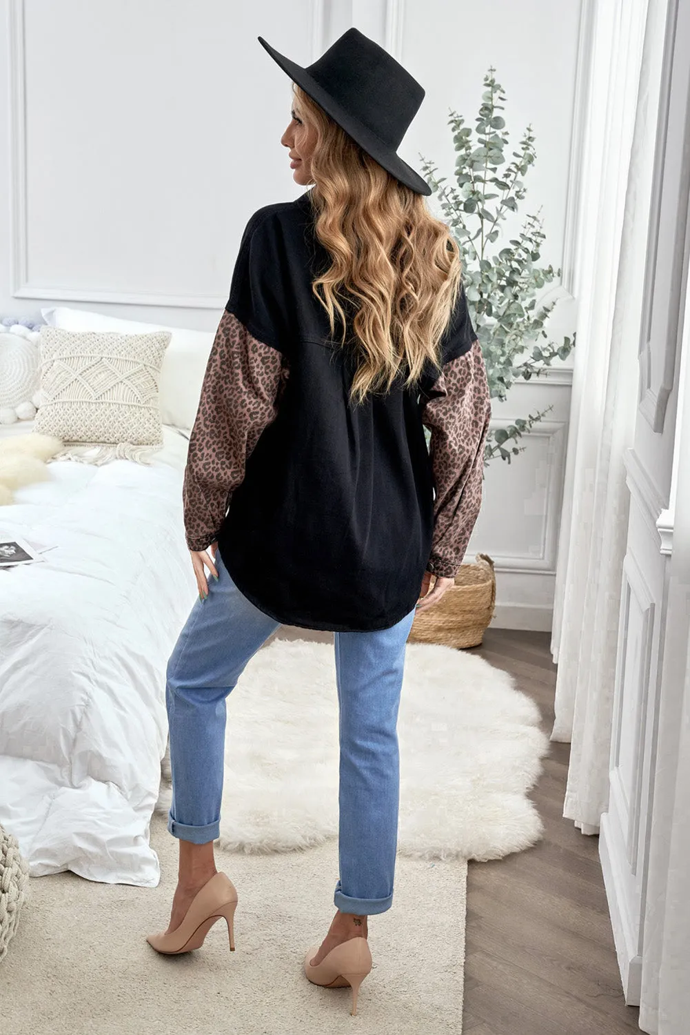 Womens Leopard Contrast Denim Jackets Boyfriend Oversized Blouses Tops