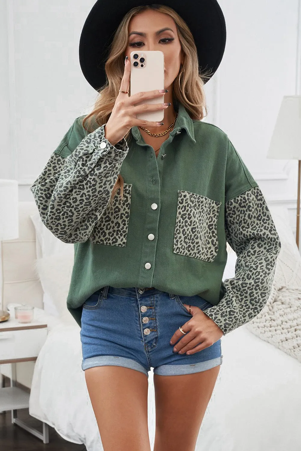 Womens Leopard Contrast Denim Jackets Boyfriend Oversized Blouses Tops