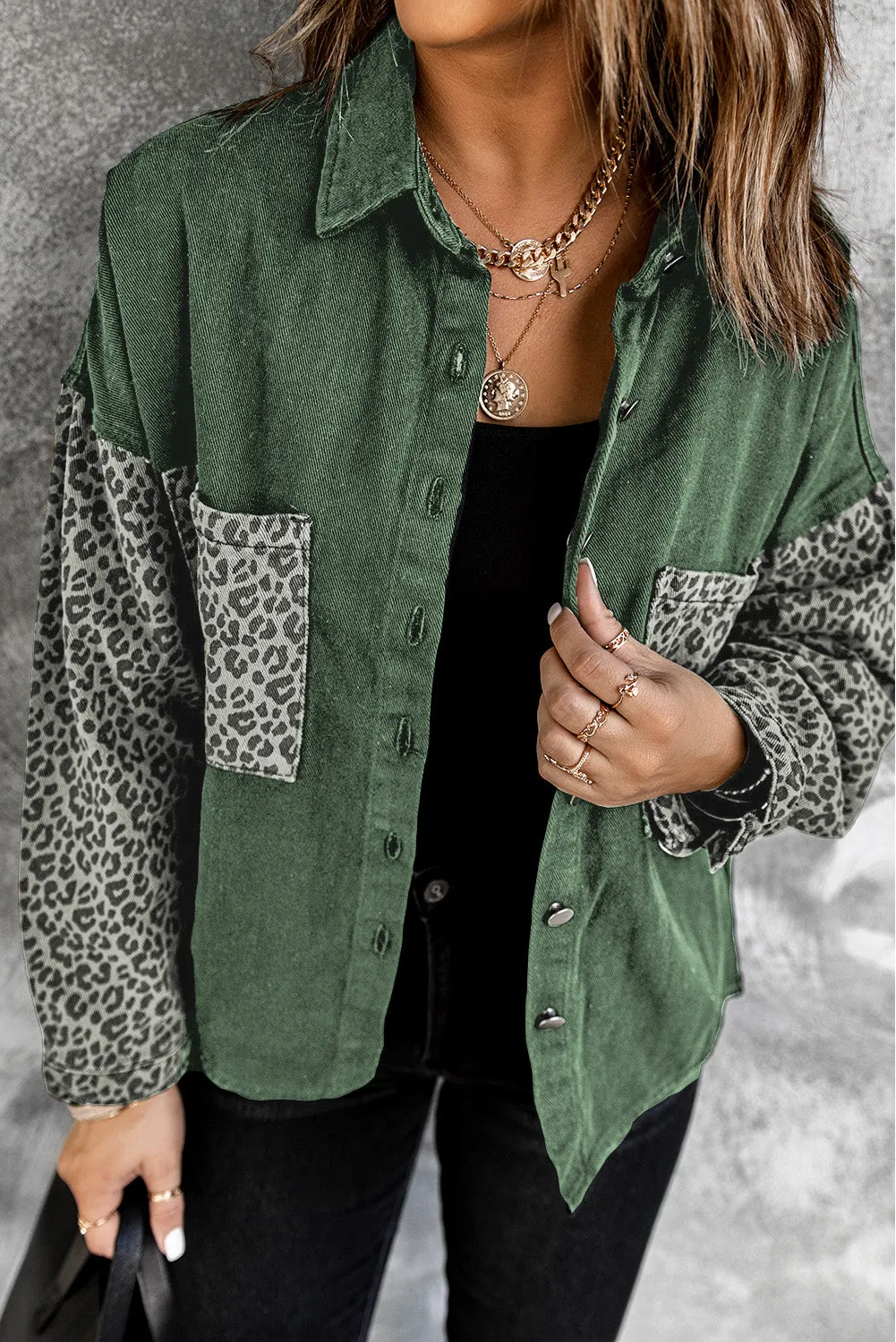 Womens Leopard Contrast Denim Jackets Boyfriend Oversized Blouses Tops