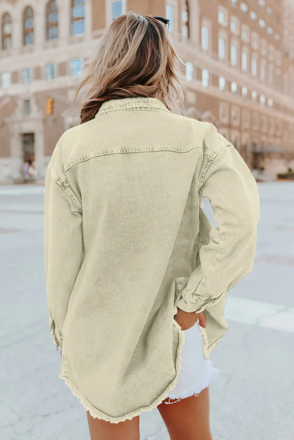 Women’s Oversized Shacket Pocket Long Boyfriend Raw Hem Button Jacket