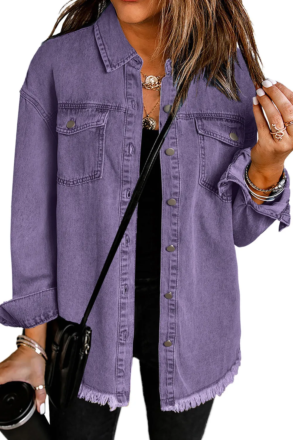 Women’s Oversized Shacket Pocket Long Boyfriend Raw Hem Button Jacket