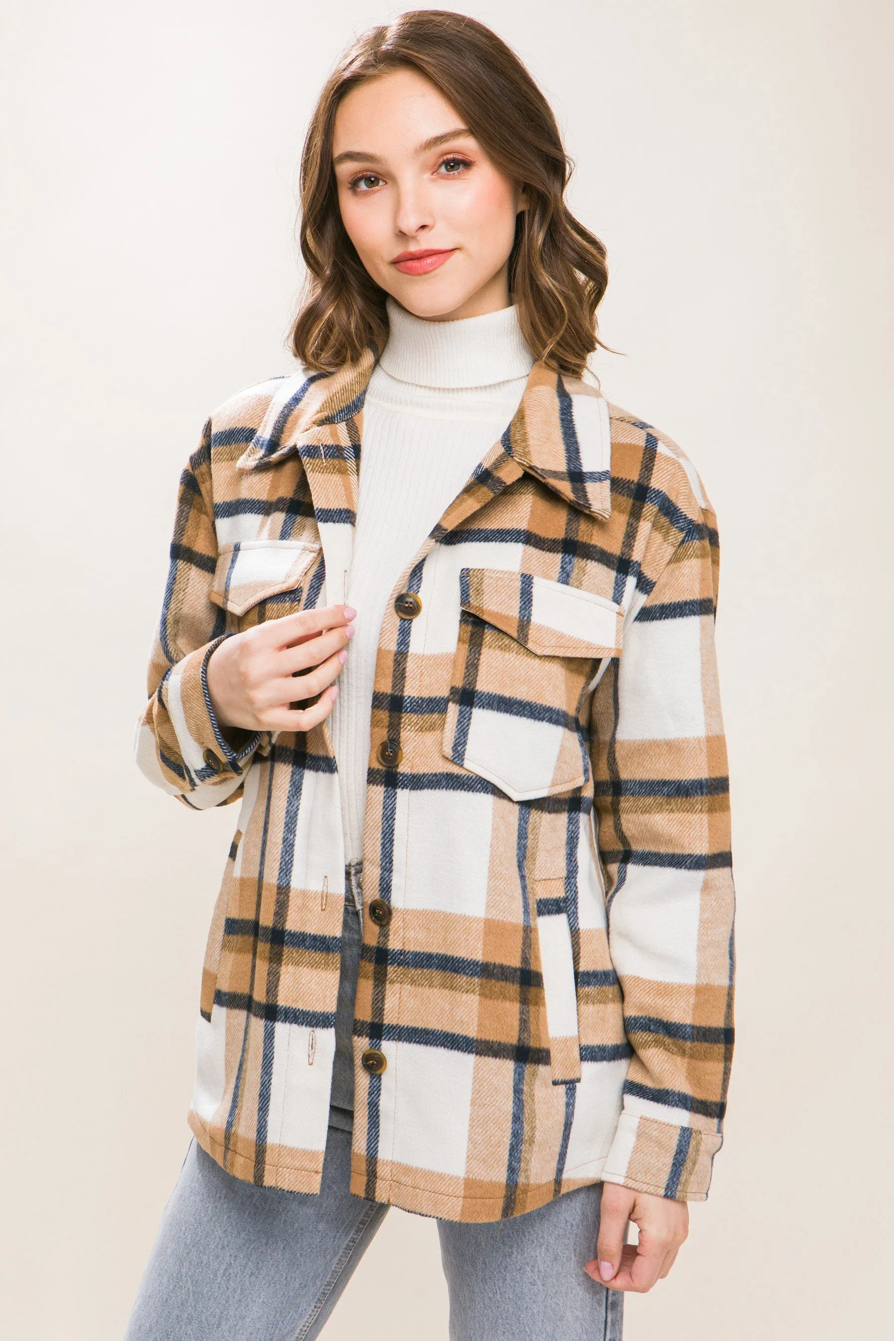 Wool Blend Plaid Button Up Shacket