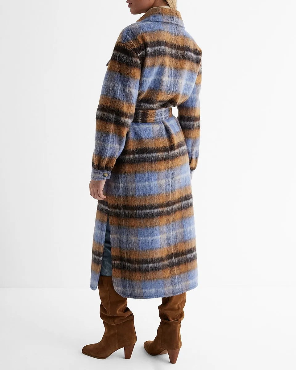 Wool-Blend Plaid Long Belted Shacket in Blue Plaid