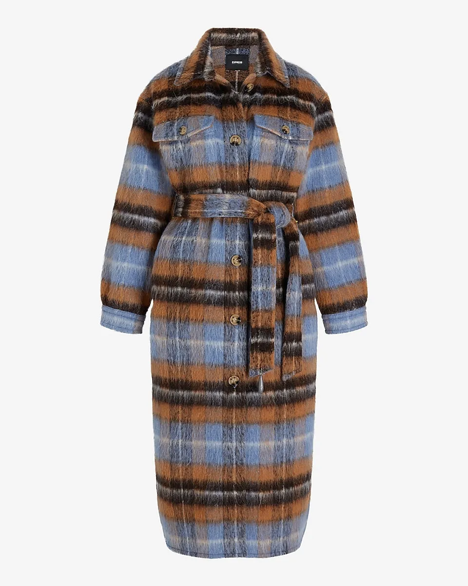 Wool-Blend Plaid Long Belted Shacket in Blue Plaid