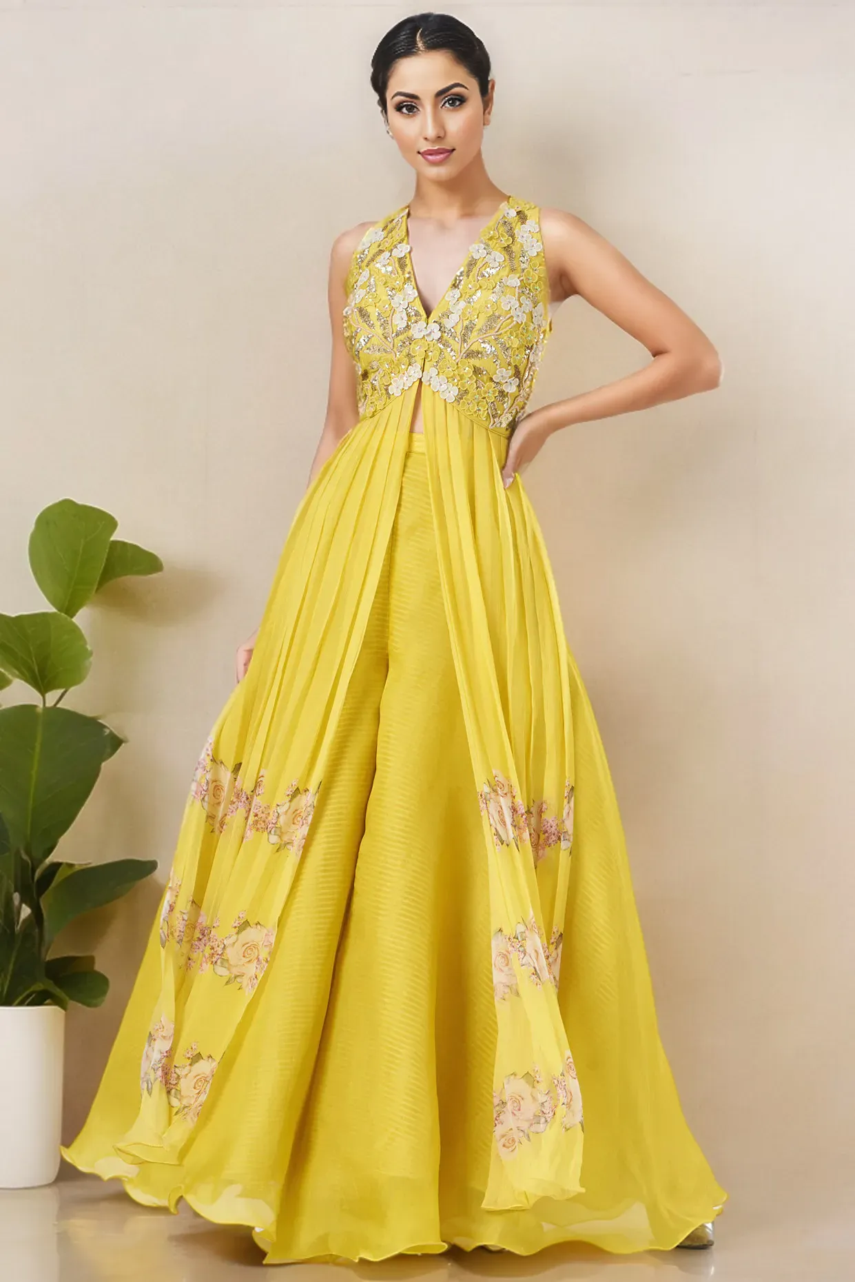 Yellow Chiffon & Raw Silk Kurta Set